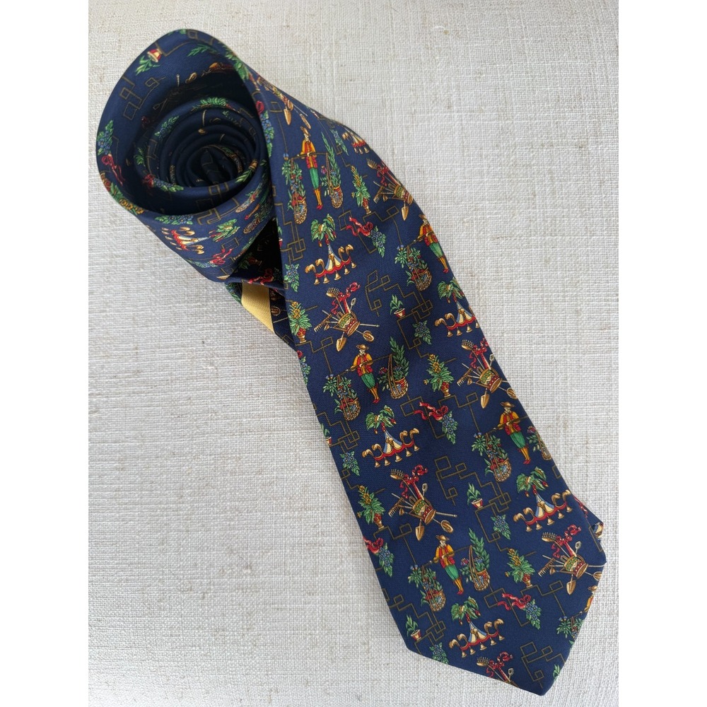 Salvatore Ferragamo Mens Silk Tie Navy Blue Whimsical Island Harvester Italy